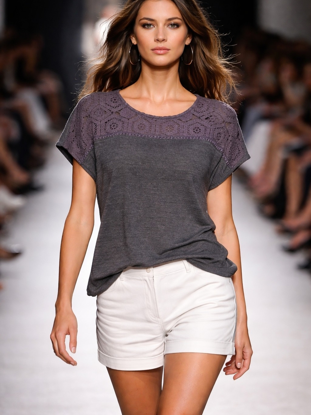 Cable & Gauge Gray Knit Top with Lace Yoke